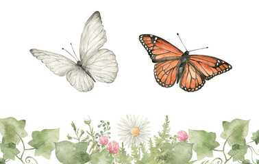 Fototapeta na wymiar Watercolor butterfly. Summer insect, nature White and orange butterflies