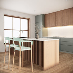 interior of Japandi style kitchen with wooden furniture and large window. modern scandinavian apartment design. 3d rendering background