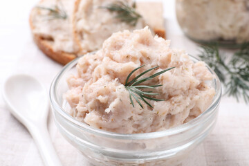 Delicious lard spread in bowl on table, closeup