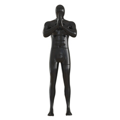 Male black abstract mannequin with folded hands in front of face on white background. 3d rendering