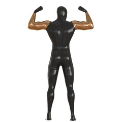 A black male mannequin with golden hands stands in an athlete's pose on a white background. Back view. 3d rendering