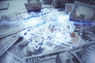 Multi exposure of business theme drawing over us dollars bill background. Concept of financial success.