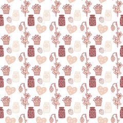 Seamless pattern with drawn strawberries, cake, jam jar, berry muffin, hearts. Brown and beige print for textiles, menus, stickers, invitations, price tags, labels, wrapping paper