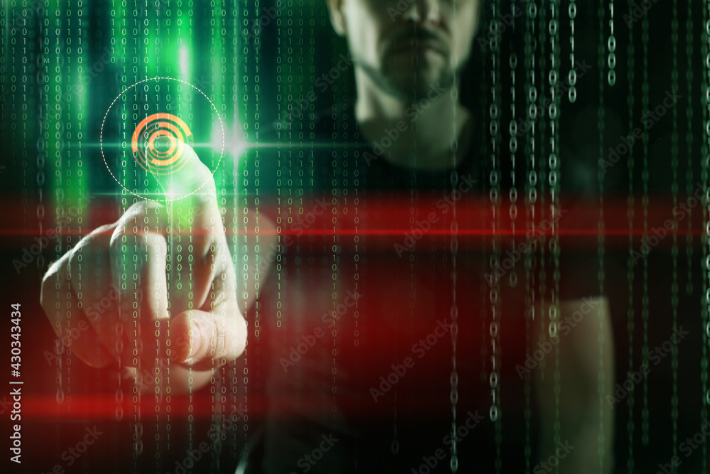 Poster man near virtual screen with digital code on dark background, closeup. cyber attack concept