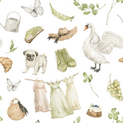 Watercolor seamless pattern with summer animals, things, floral elements. Pug, swan, butterfly, hat, snickers, watering can, dresses, cupcakes, grapes. Cute illustrations  © Kate K.