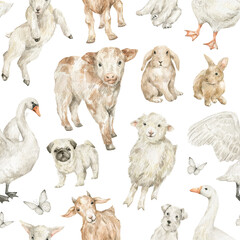 Watercolor seamless pattern with cute farm animals and birds. Adorable cow, calf, rabbit, swan, dog, pug, schnauzer, lamb. White rural pets