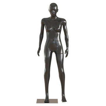 Black female glossy mannequin stands on a white background. Front view. 3d rendering