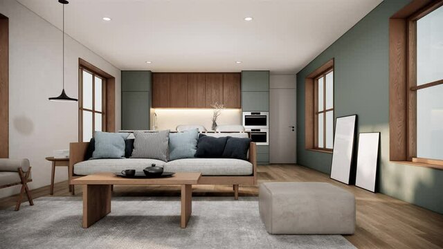 japandi style room interior with furniture. modern apartment design. pan left shot video 4k animation