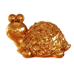 Golden shiny figurine of a turtle with round eyes on an isolated background. Side view. 3d rendering