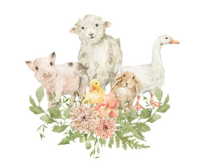 Watercolor cute farm animals and bouquets with greenery. Little goose, sheep, pig, rabbit, duckling. Adorable animals, rural mammal, domestic pet.