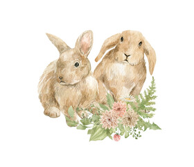 Watercolor cute farm animals and summer bouquets with greenery. Little bunny, rabbit, hare. Adorable wild animals, domestic pet.