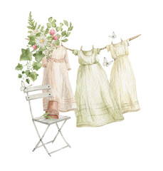 Watercolor rural summer scene. Dresses on fresh air. Cottagecore aesthetic. Clothes on a rope, bouquets, chair, pot, clothesline.