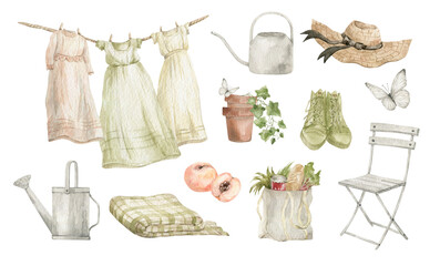 Watercolor summer elements isolated on white. Cottagecore aesthetic elements. Dresses, watering can, hat, pot, snickers, peach, chair, shopping bag, butterfly. © Kate K.