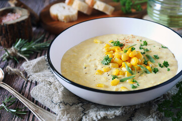 Corn Chowder. American cuisine. Creamy corn soup, green onions and parsley dressing