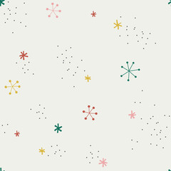 Fototapeta na wymiar Snowflakes dotty snow vector seamless pattern. Cute tiny decorative doodle winter snowfall background. Snowy Christmas abstract colourful print design.