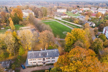 Fototapeta na wymiar Aerial view of Rudbarzi village in autumn day, Latvia.