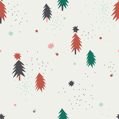 Snow star pine vector seamless pattern. Cute tiny decorative Scandinavian winter background. Snowy Christmas forest abstract print design.