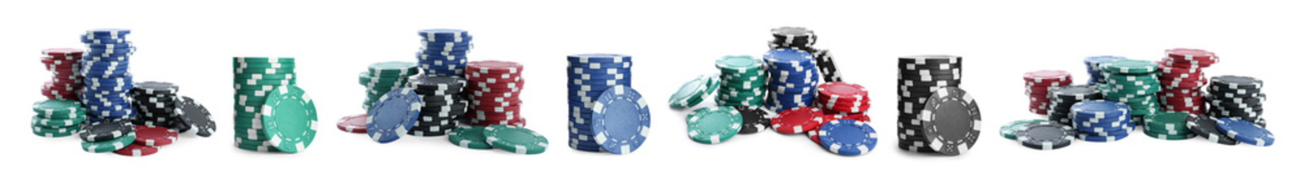 Set with stacks of different casino chips on white background, banner design. Poker game