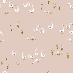 Obraz premium Geese seamless pattern. White Goose in different poses on the pond. Cute vector illustration in simple hand drawn cartoon style. Simple childish cartoon style perfect for textiles, baby shower