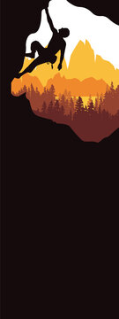 Vertical banner of man climbing rock overhang in cave. Mountains and forest in the background. Silhouette of climber with brown, orange and yellow background. Illustration. Bookmark. Text insert.
