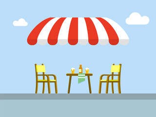 Street cafe patio flat vector illustration. Wooden table and chairs on sidewalk. Outdoor cafe seating.