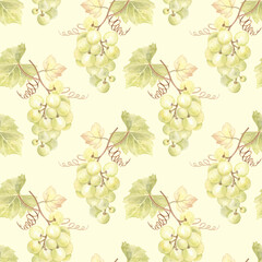 Green grapes painted in watercolors on light yellow background. Seamless pattern in farmhouse and cottage styles. Beautiful botanical illustration for fabric, wrapping paper, home decor.