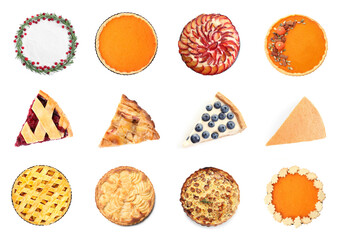 Set with different delicious pies on white background, top view