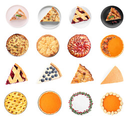 Set with different delicious pies on white background, top view