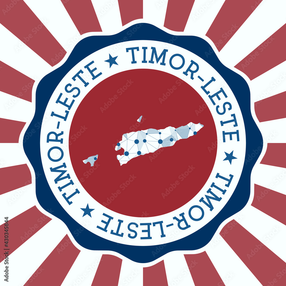 Poster timor-leste badge. round logo of the country with a triangular mesh map and radial rays. eps10 vecto
