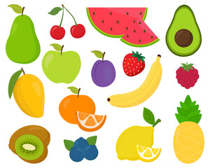 Fototapeta na wymiar Set cartoon fruits and berries vector illustration isolated on white background. Pear, cherry, watermelon, avocado, apple, plum, strawberry, banana, raspberry, orange, mango, kiwi, pineapple, lemon.