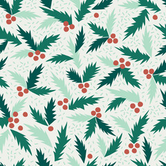 Fototapeta na wymiar Holly Christmas berries vector seamless pattern. Traditional red and green Xmas seasonal plant background. Winter holidays evergreen graphic print design.