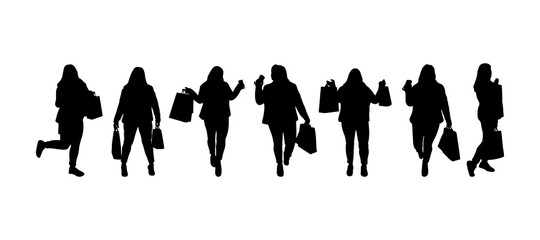 Set of silhouettes of shopping woman with bags. Black color. Variuos poses. Thick figure. Vector illustration.