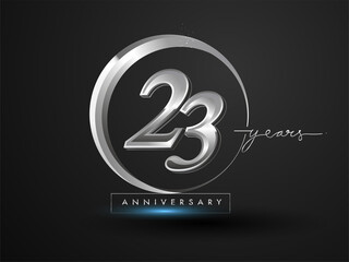 23 Years Anniversary Celebration. Anniversary logo with ring and elegance silver color isolated on black background, vector design for celebration, invitation card, and greeting card