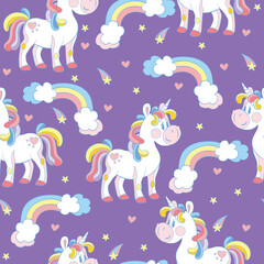 Seamless vector pattern with toy unicorns purple