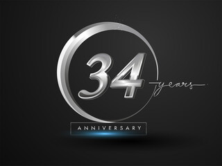 34 Years Anniversary Celebration. Anniversary logo with ring and elegance silver color isolated on black background, vector design for celebration, invitation card, and greeting card