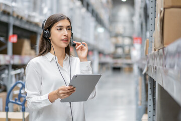 Portrait of warehouse woman staff using digital tablet and talking to customer with headset working in distribution factory. female call center or support operator working for online shopping. - obrazy, fototapety, plakaty