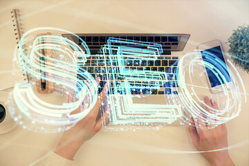 Double exposure of woman hands working on computer and SEO hologram drawing. Top View. Search optimization concept.