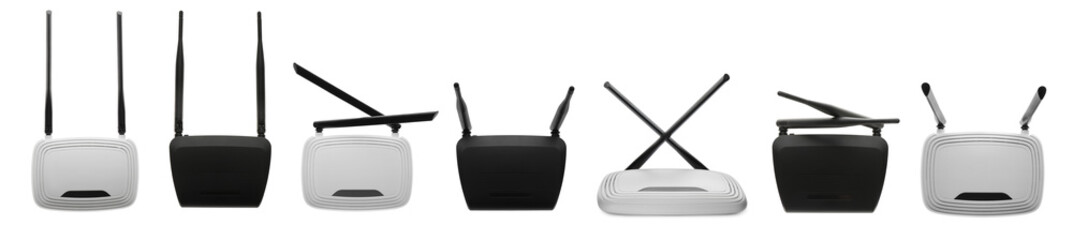 Fototapeta premium Set with modern Wi-Fi routers on white background. Banner design