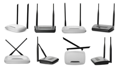 Set with modern Wi-Fi routers on white background. Banner design