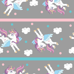 Seamless vector pattern with joy unicorns gray