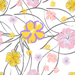 Pink Flowers Blooming Pattern. Pastel Watercolor.