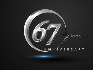 67 Years Anniversary Celebration. Anniversary logo with ring and elegance silver color isolated on black background, vector design for celebration, invitation card, and greeting card