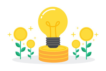 Glowing light bulb on the pile of coins with money trees. Creative concept of making money from business idea. Simple trendy cute vector illustration. Modern flat style. Abstract graphic design.