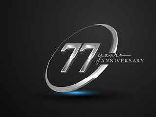 77 Years Anniversary Celebration. Anniversary logo with ring and elegance silver color isolated on black background, vector design for celebration, invitation card, and greeting card