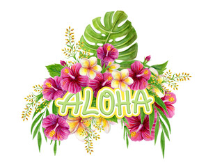 Aloha Hawaii greeting. Hand drawn watercolor painting with Chinese Hibiscus rose flowers and palm leave isolated on white background. Tropical floral summer ornament. Design element. © Marisha