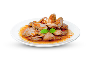 Stir Fried Clams with Chili Paste on plate ,isolated on white background ,include clipping path