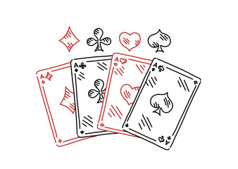 Four aces. Four of a kind. Poker quads. Good luck in the game. Playing cards. Hand drawn sketch line.