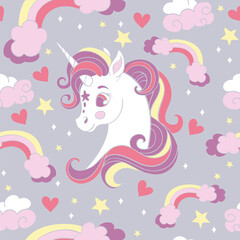Seamless vector pattern with pretty unicorn gray