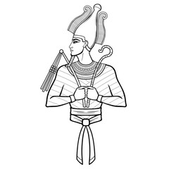 Animation portrait Egyptian man n the crown holds symbols of power in his hands. God Osiris. Profile view. Vector illustration isolated on a white background. Print, poster, t-shirt, tattoo.