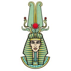 Animation portrait Egyptian man in a striped scarf and a divine crown. Vector illustration isolated on a white background. Print, poster, t-shirt, tattoo.